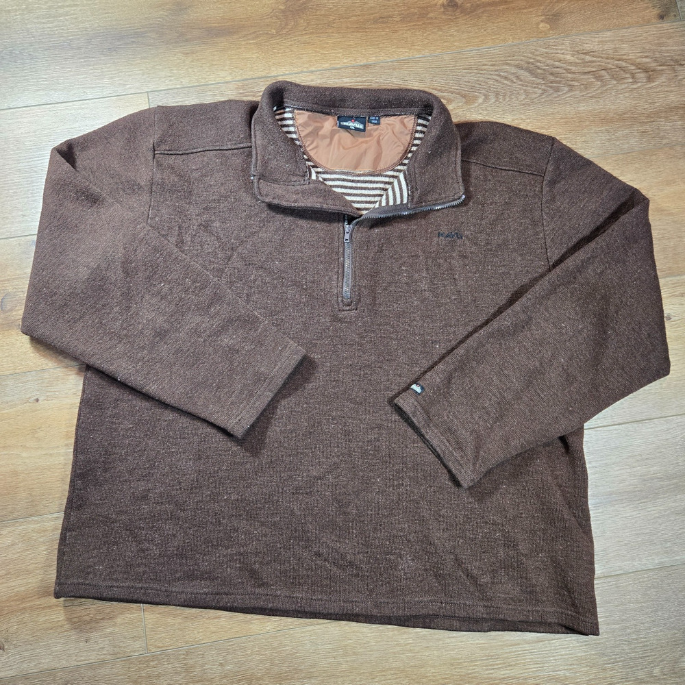 KAVU Sweater Mens XXL Brown Wool Blend 1/4 Zip Mock Neck Knit Pullover Outdoor